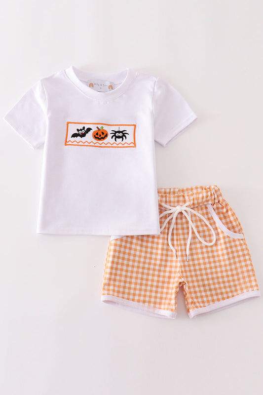 Orange halloween embroidery plaid boy set