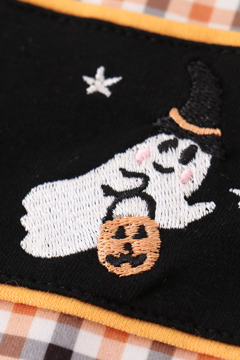 Halloween ghost embroidery plaid boy romper