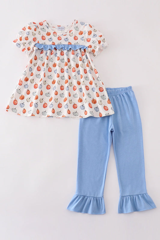 Blue pumpkin girl ruffle pants set