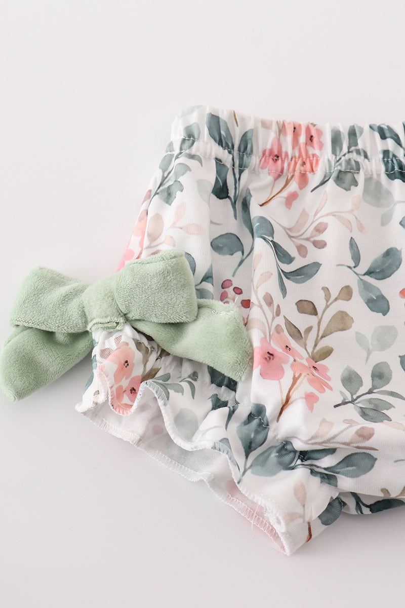 Sage floral print velvet ruffle baby set