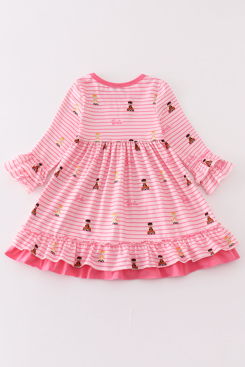 Pink stripe barbie print ruffle dress