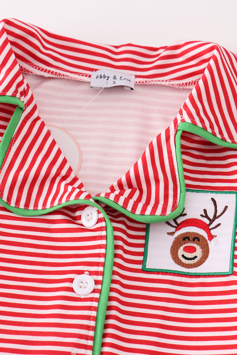 Red stripe christmas reindeer embroidery girl pajamas set