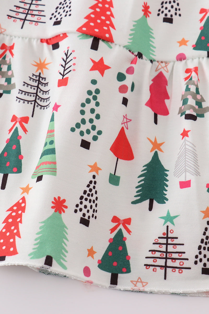 Green christmas tree print girl dress