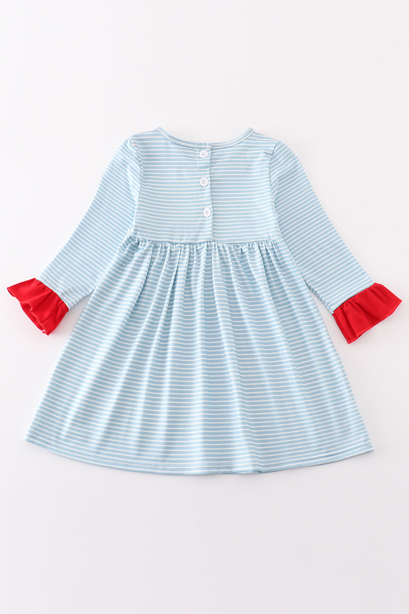 Blue stripe christmas santa embroidery dress