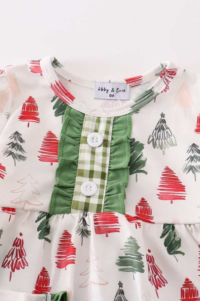 Green christmas tree print girl ruffle bubble