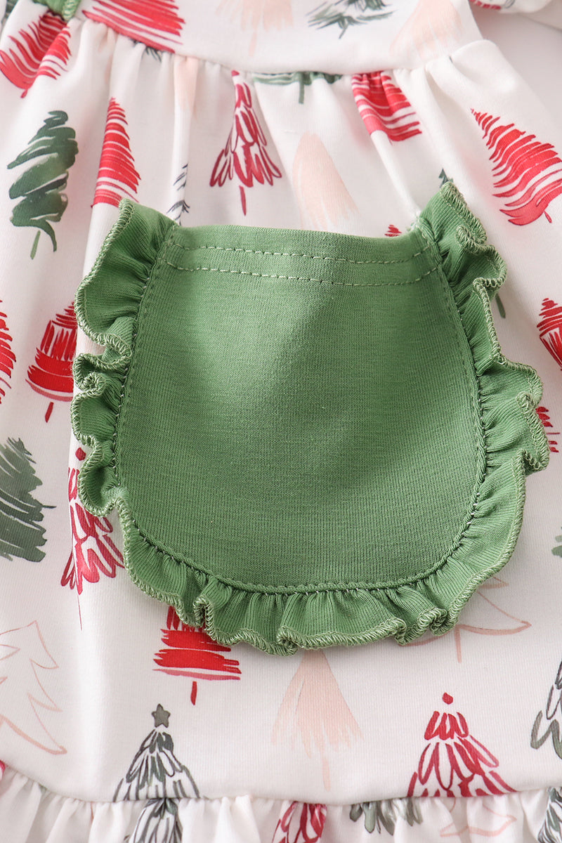 Green christmas tree print girl ruffle set