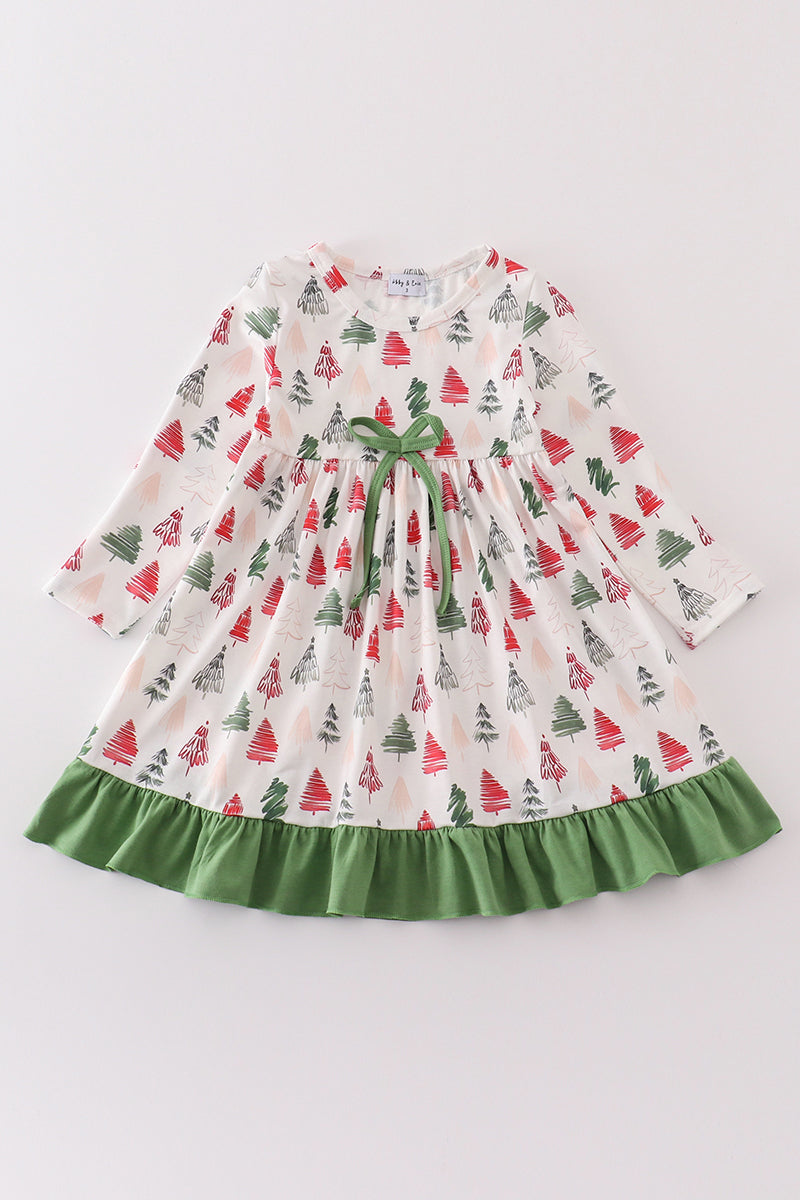 Green christmas tree print girl ruffle dress