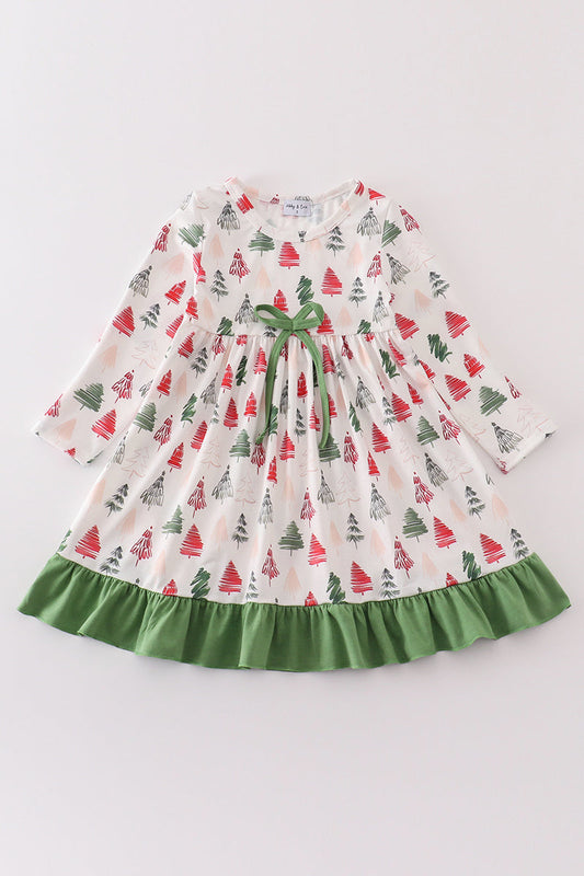 Green christmas tree print girl ruffle dress