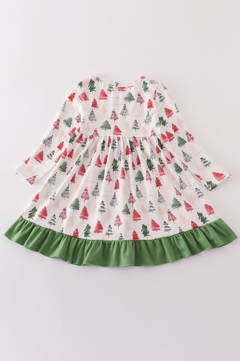 Green christmas tree print girl ruffle dress