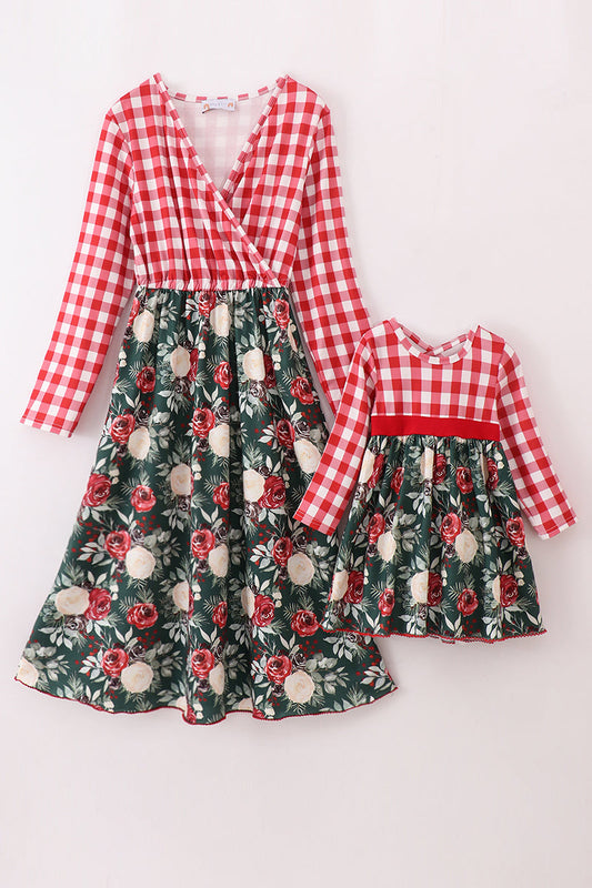 Gingham Red Floral Mom & Me Dress