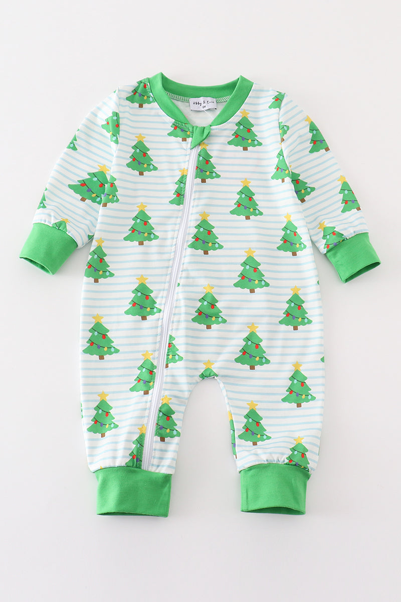 Green christmas tree print zip romper