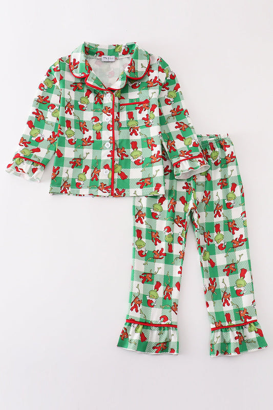 Green grinch print plaid ruffle girl pajamas set