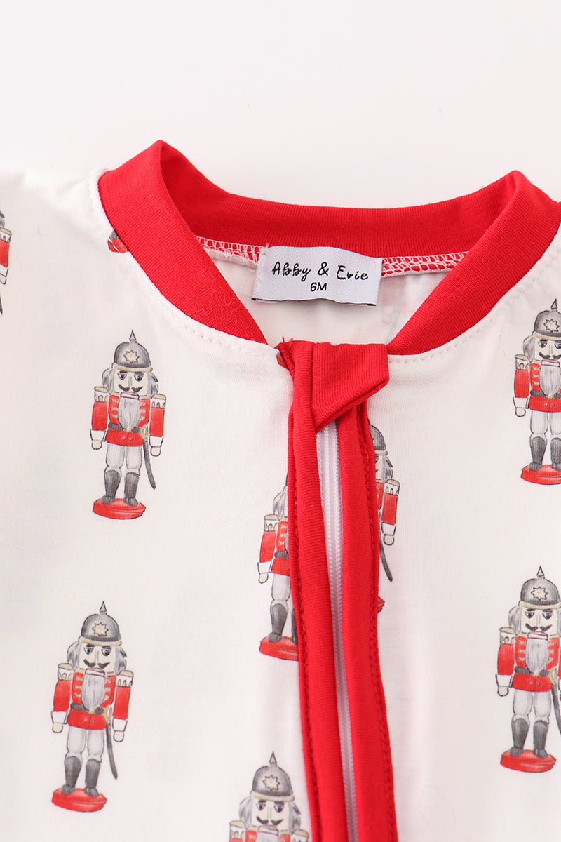 Red nutcracker print ruffle zip boy romper