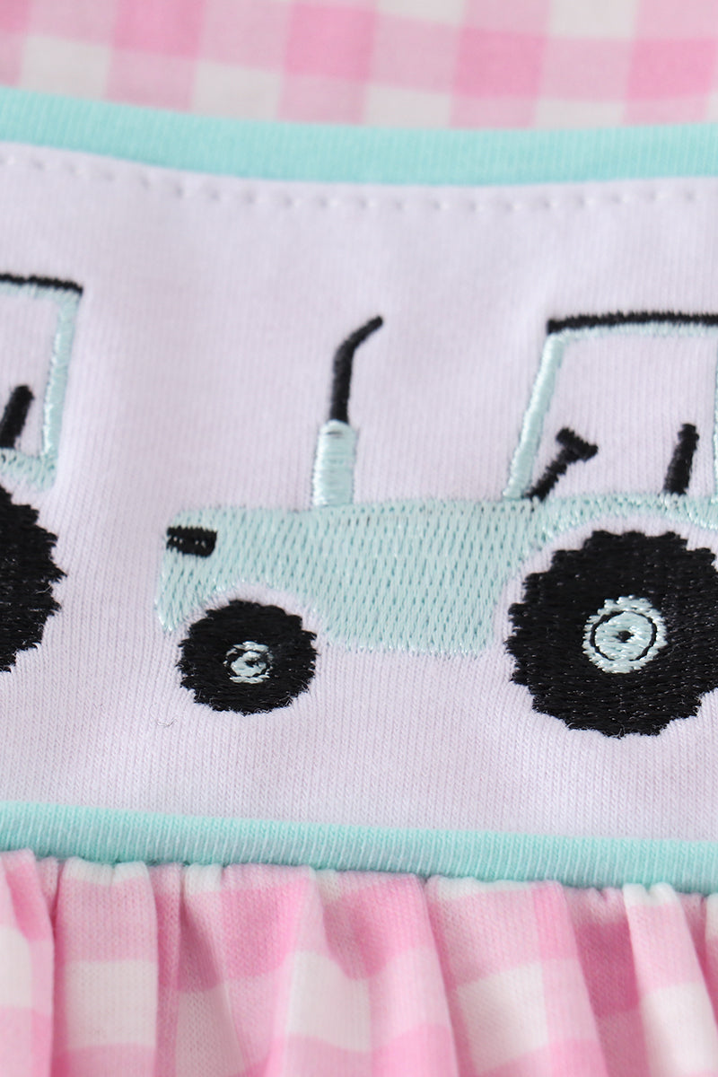 Pink tractor embroidery girl set