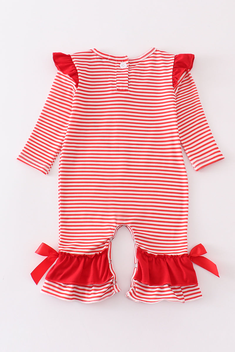 Red stripe valentine heart applique girl romper