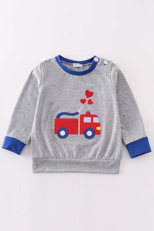 Grey valentine firetruck embroidery boy top