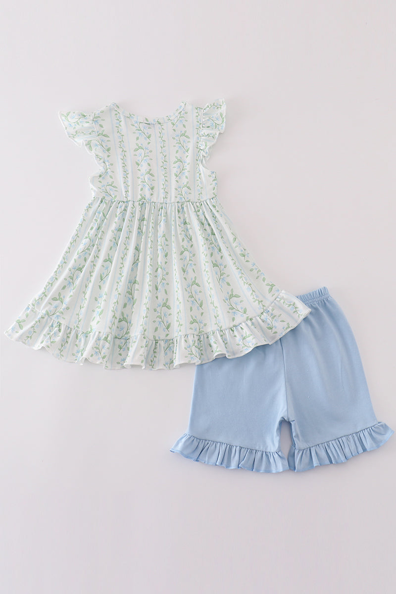 Blue botanical print girl set