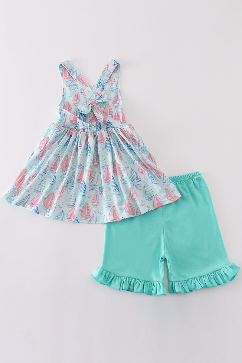 Green sailboat print ruffle girl set