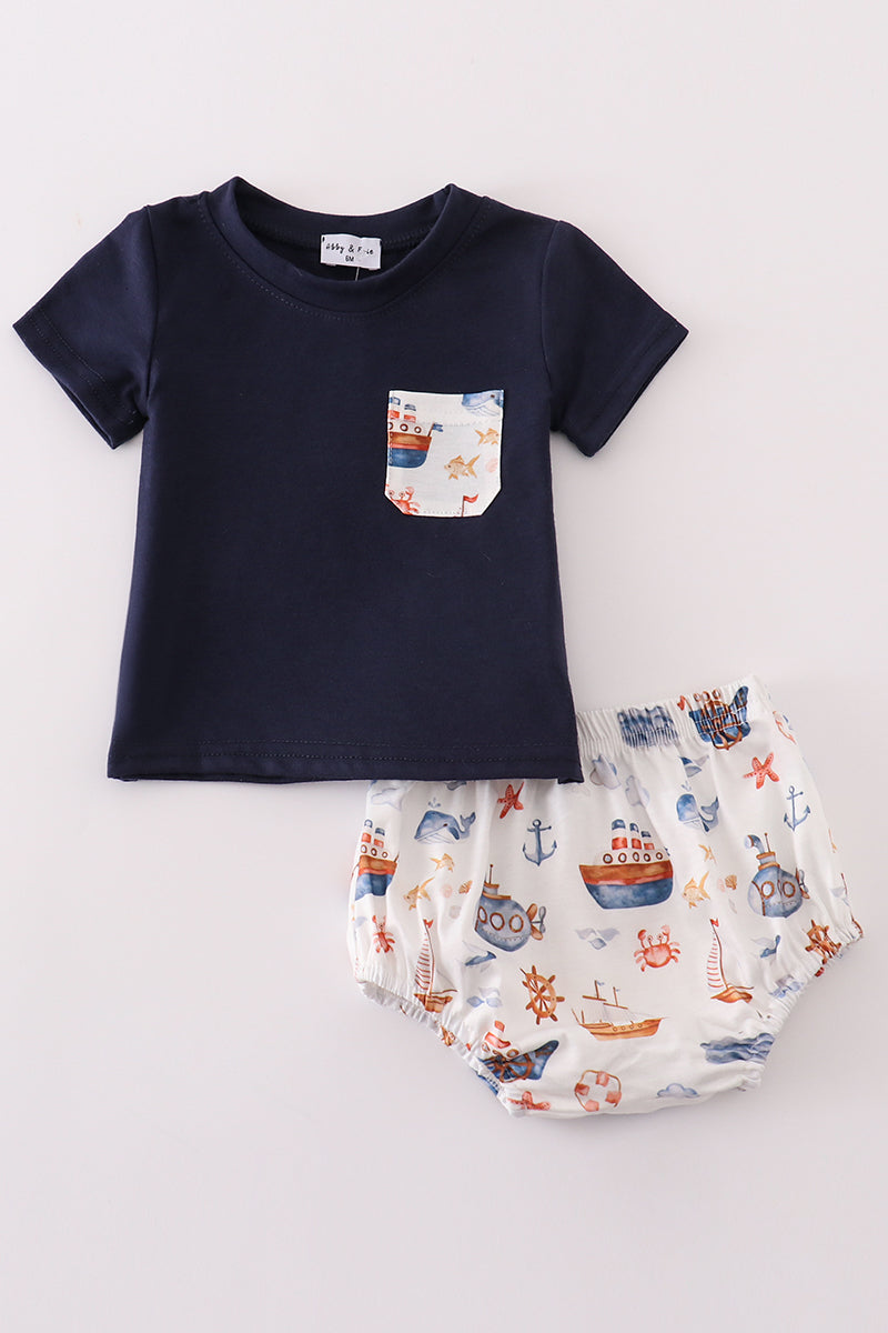 Navy beach print boy bloomer set