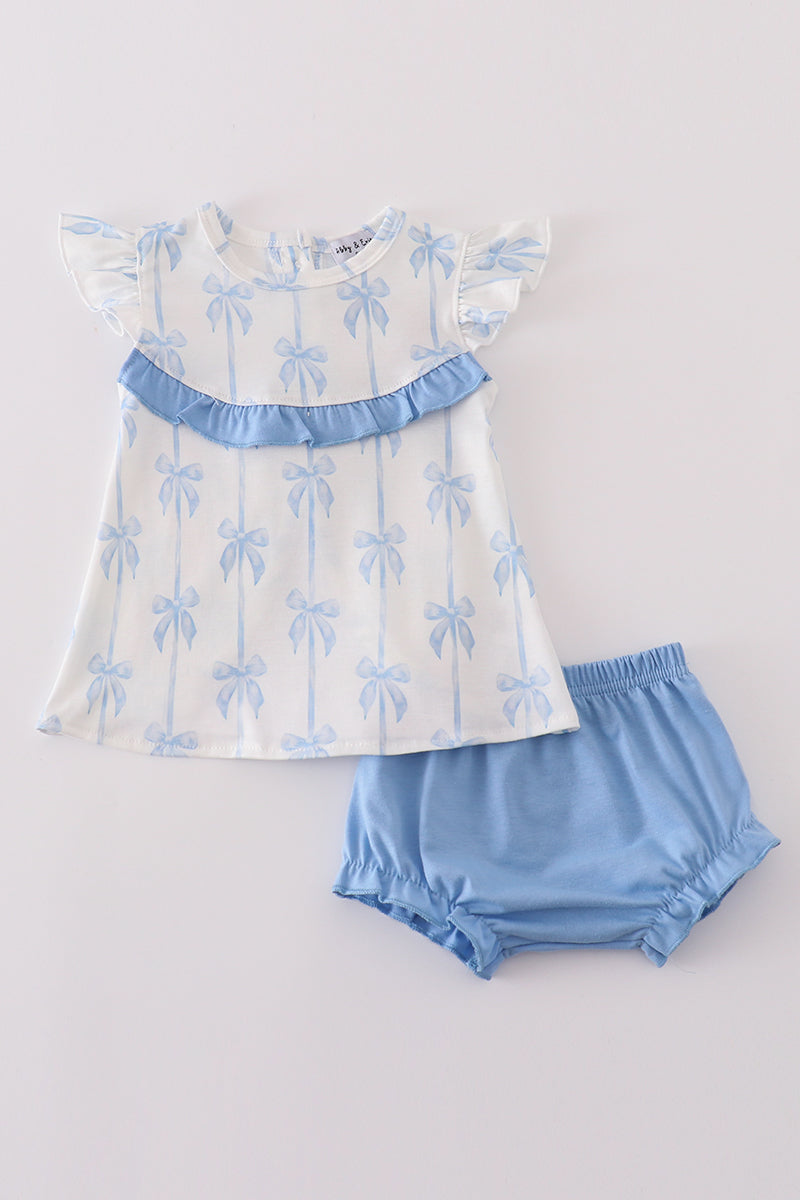 Blue bow ruffle girl bloomer set