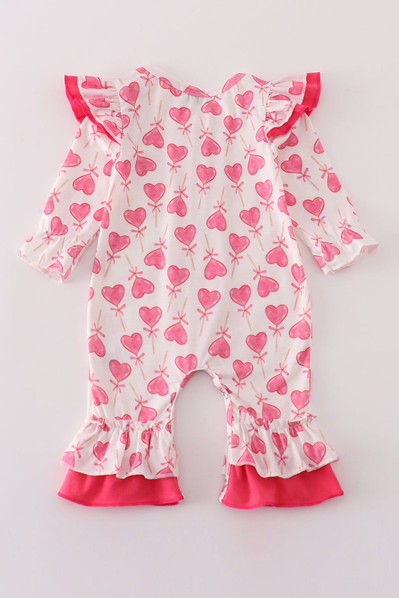 Pink valentine heart print girl romper