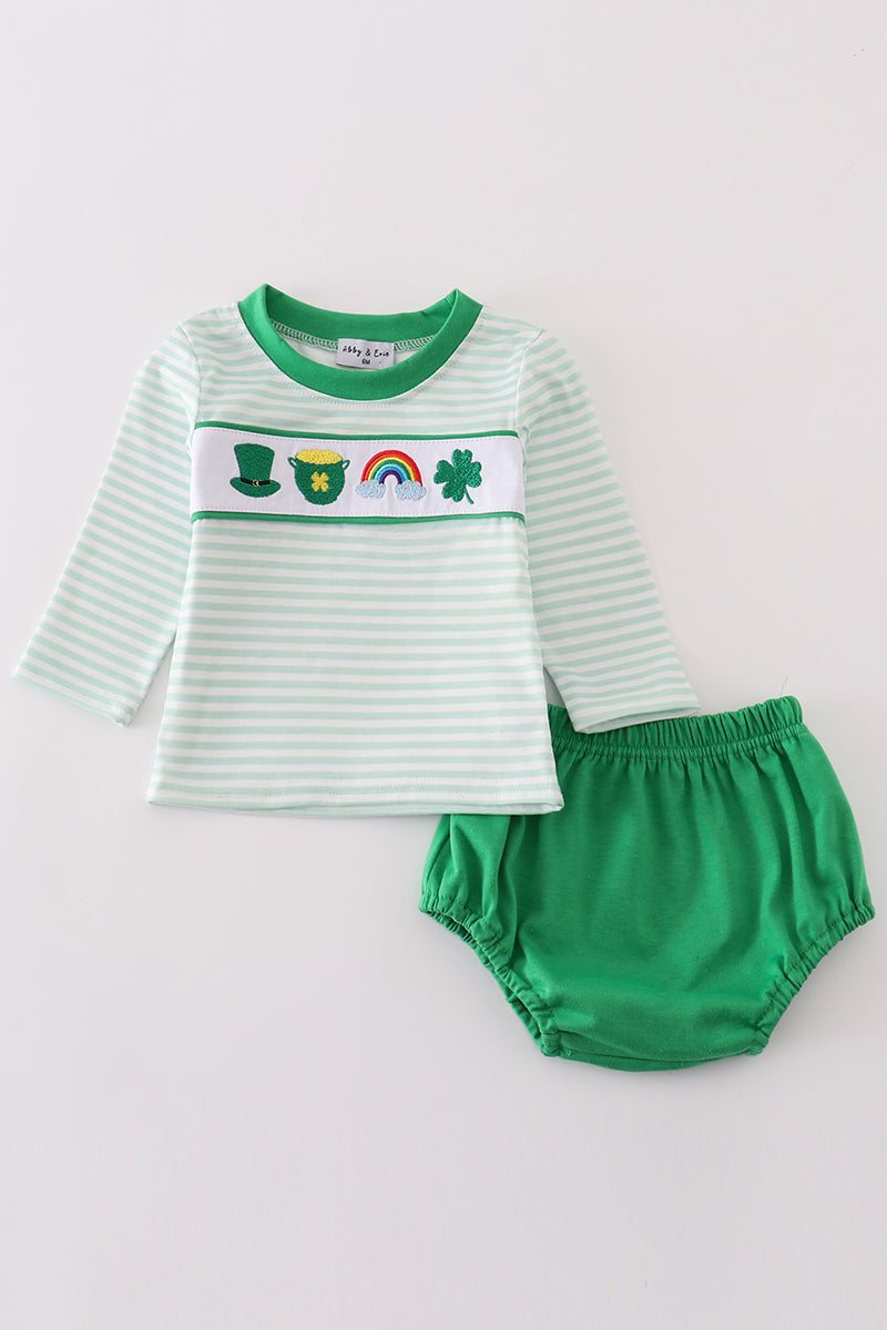 Green lucky clover embroidery boy bloomer set