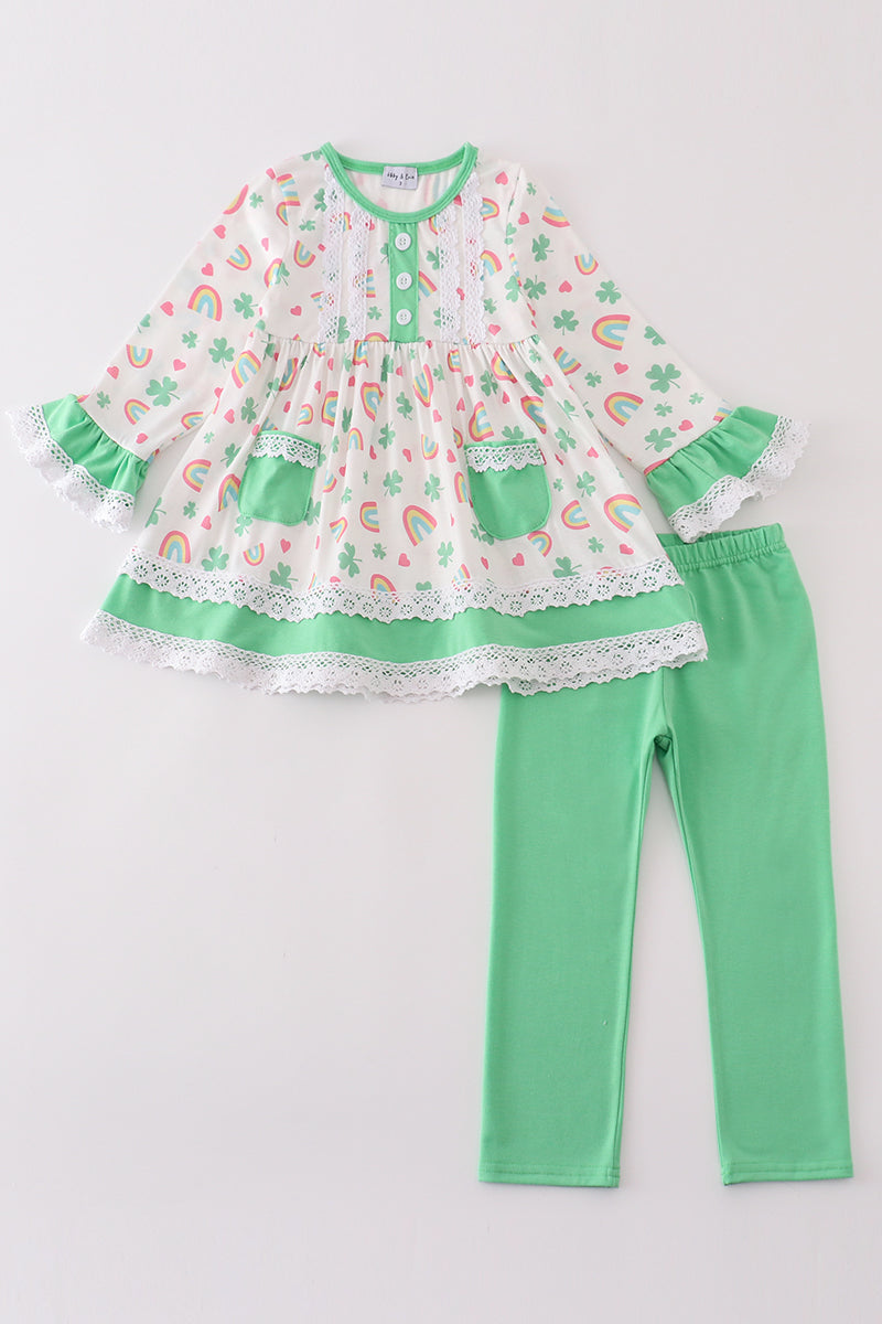 Green rainbow clover girl pants set