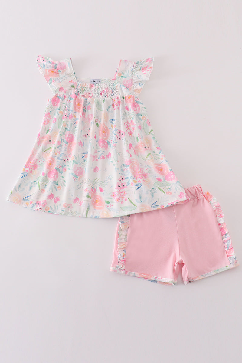 Pink Pastel Meadow print smocked girl set