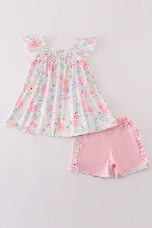 Pink Pastel Meadow print smocked girl set