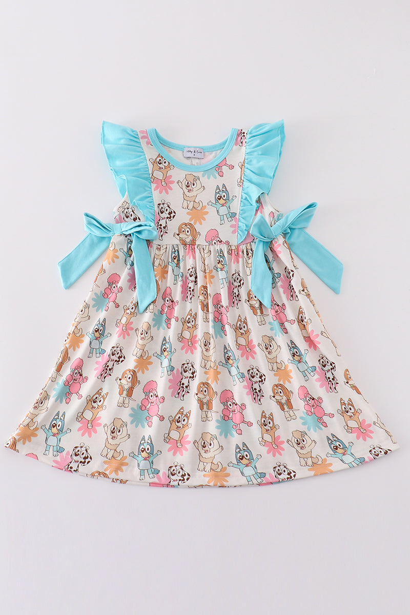 Blue character print ruffle girl dress