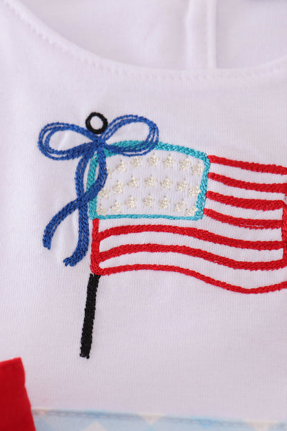 Blue flag embroidery bow gingham bloomer set