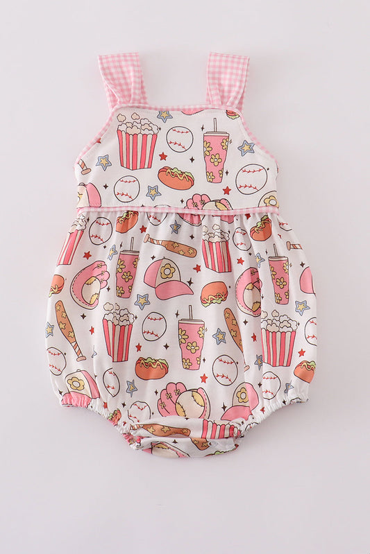 Pink baseball print gingham bubble