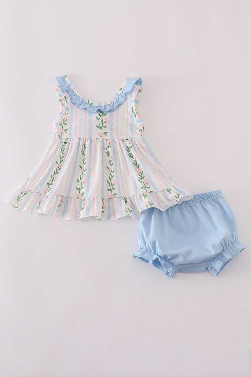 Blue floral print ruffle bloomer set