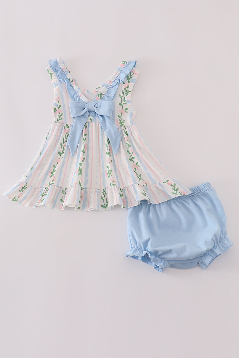 Blue floral print ruffle bloomer set