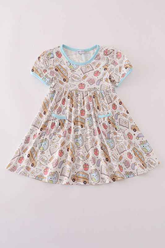 Blue bus apple print dress