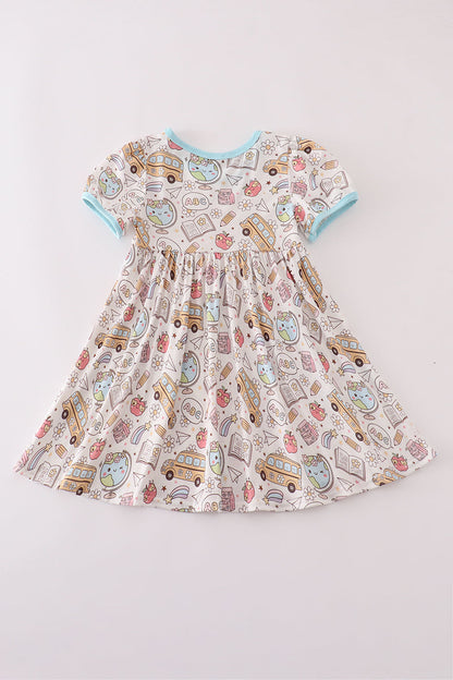 Blue bus apple print dress