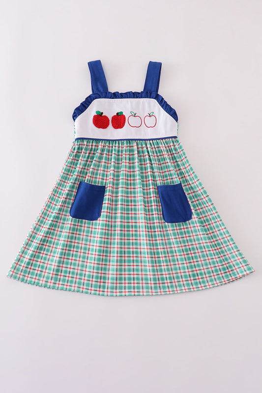 Blue apple french knot plaid dress