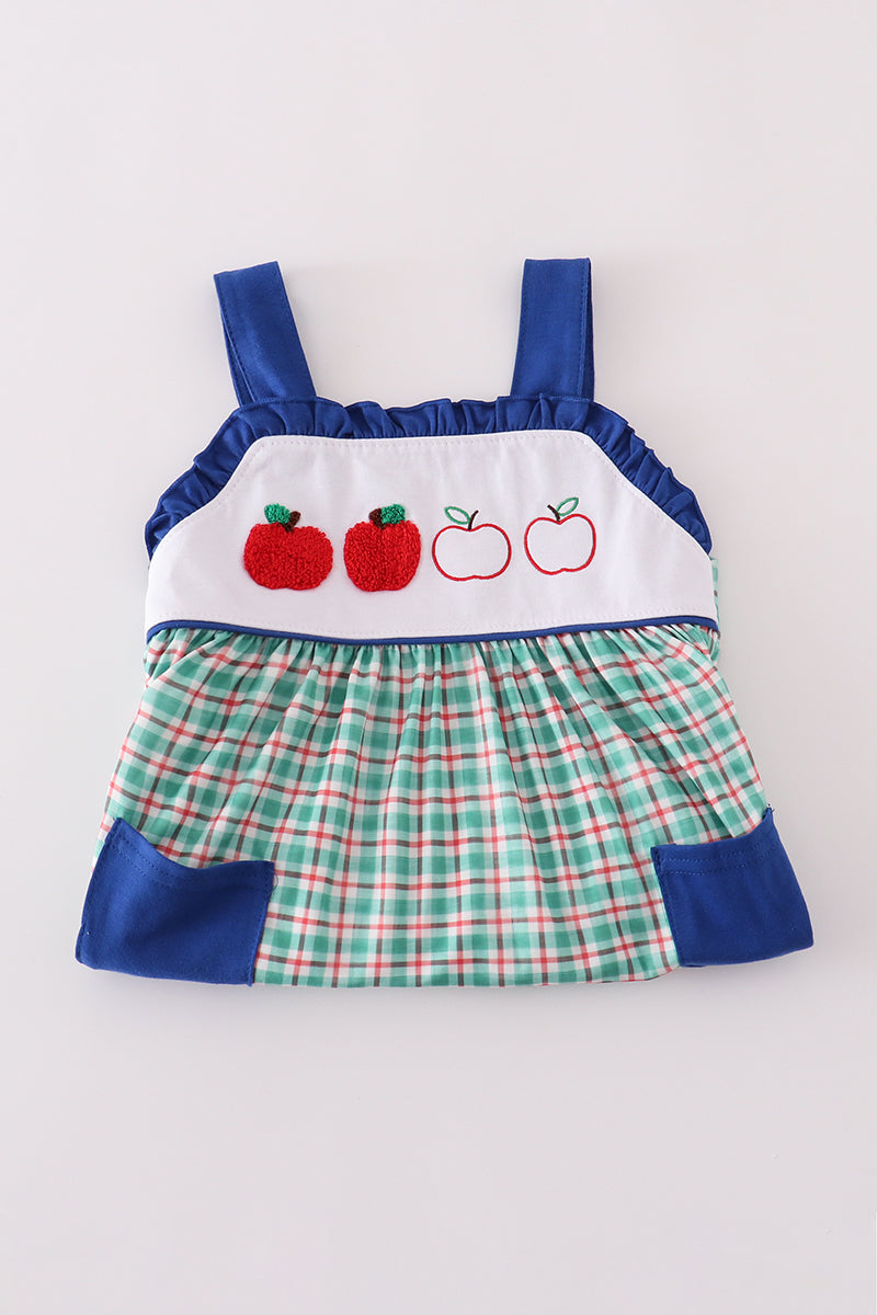 Blue apple french knot plaid dress