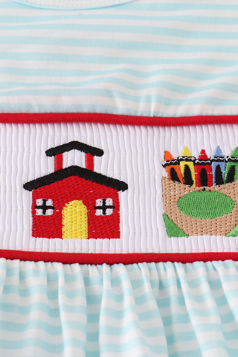Apple pencil embroidery smocked ruffle shorts set