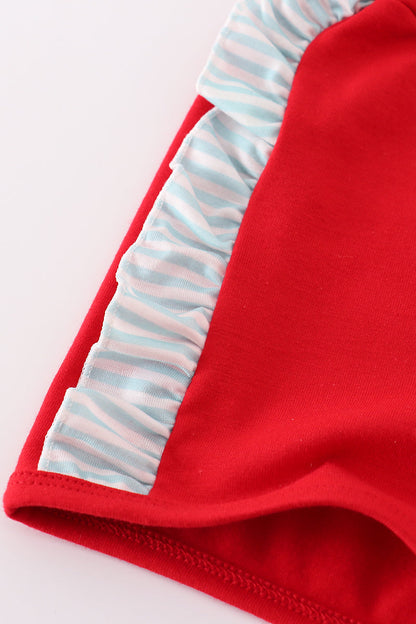 Apple pencil embroidery smocked ruffle shorts set