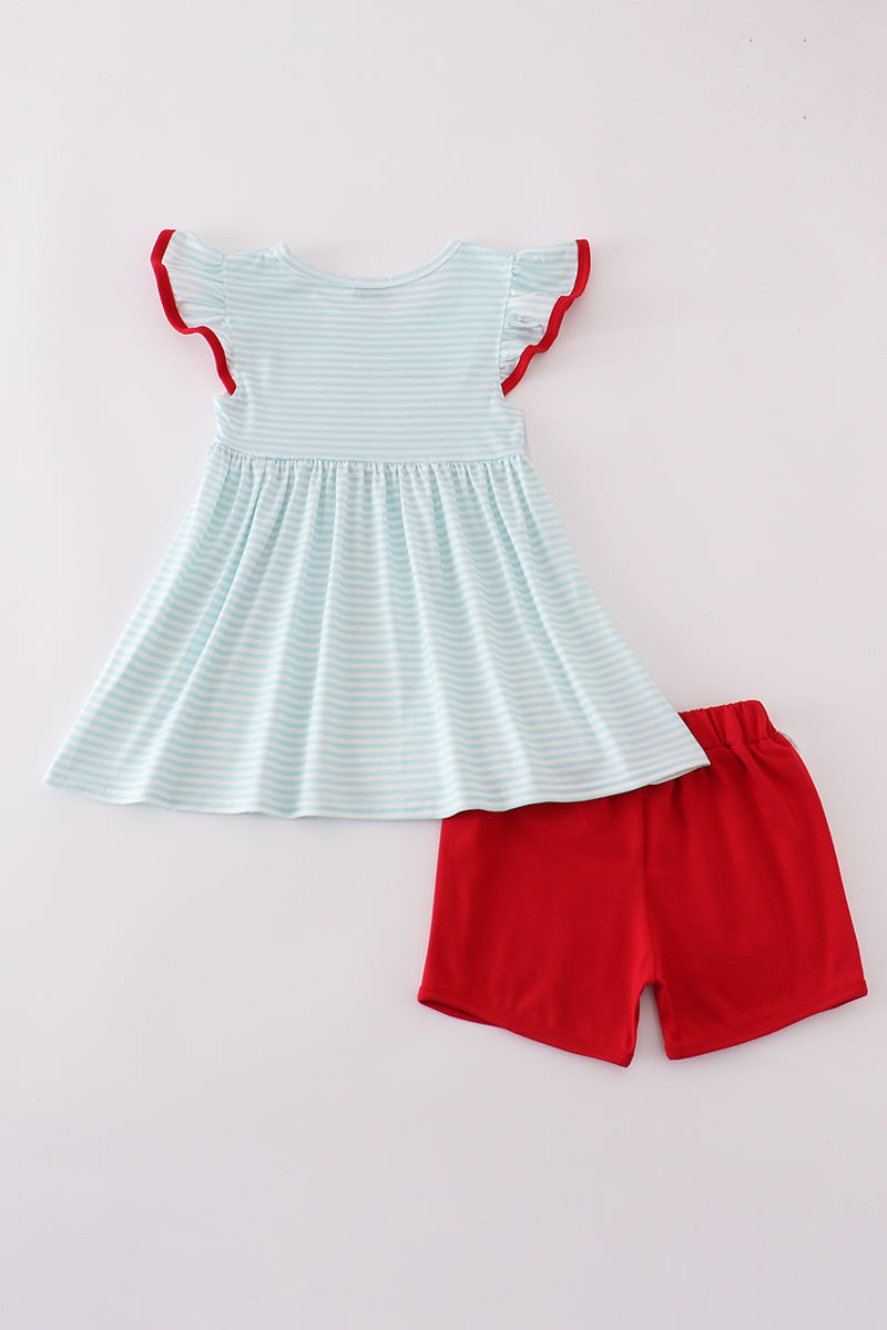 Apple pencil embroidery smocked ruffle shorts set