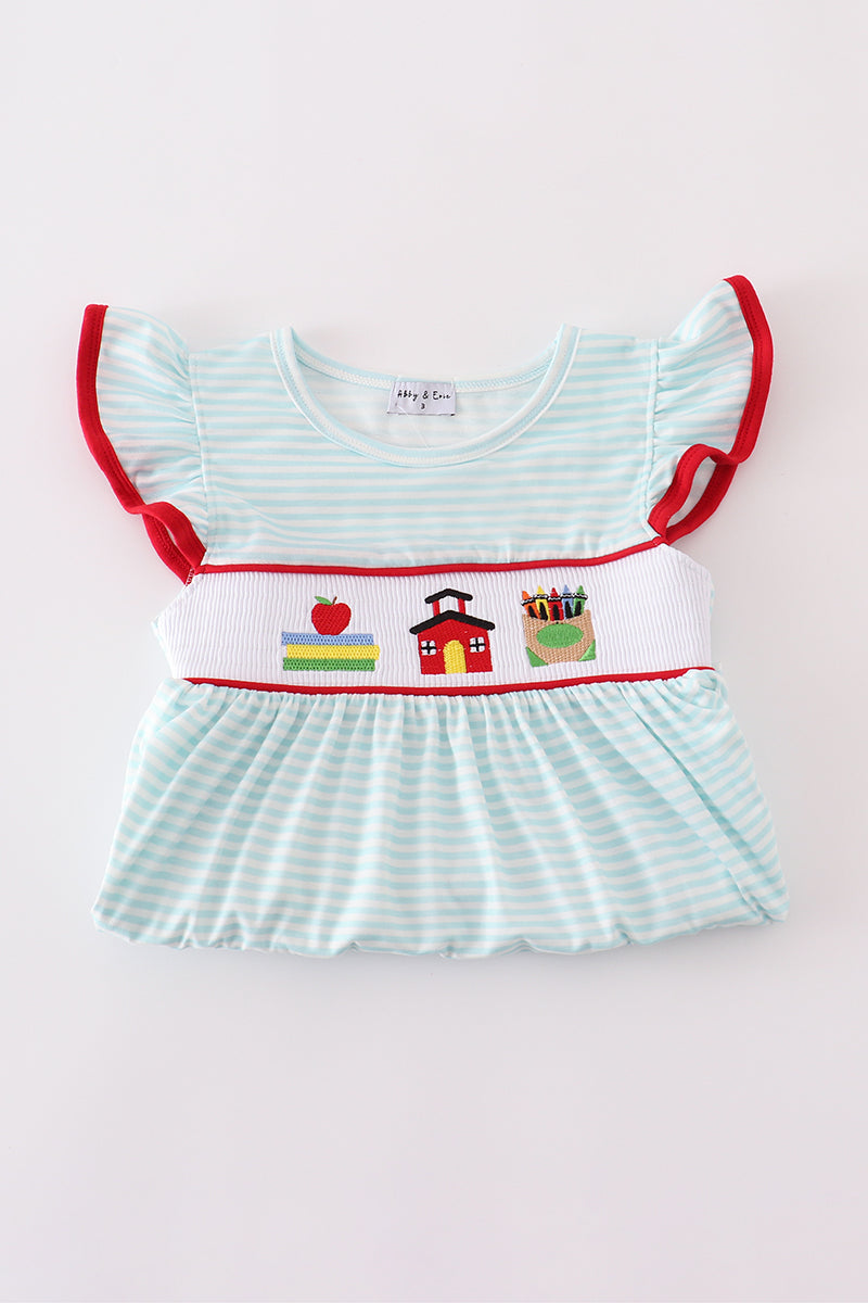 Apple pencil embroidery smocked ruffle shorts set
