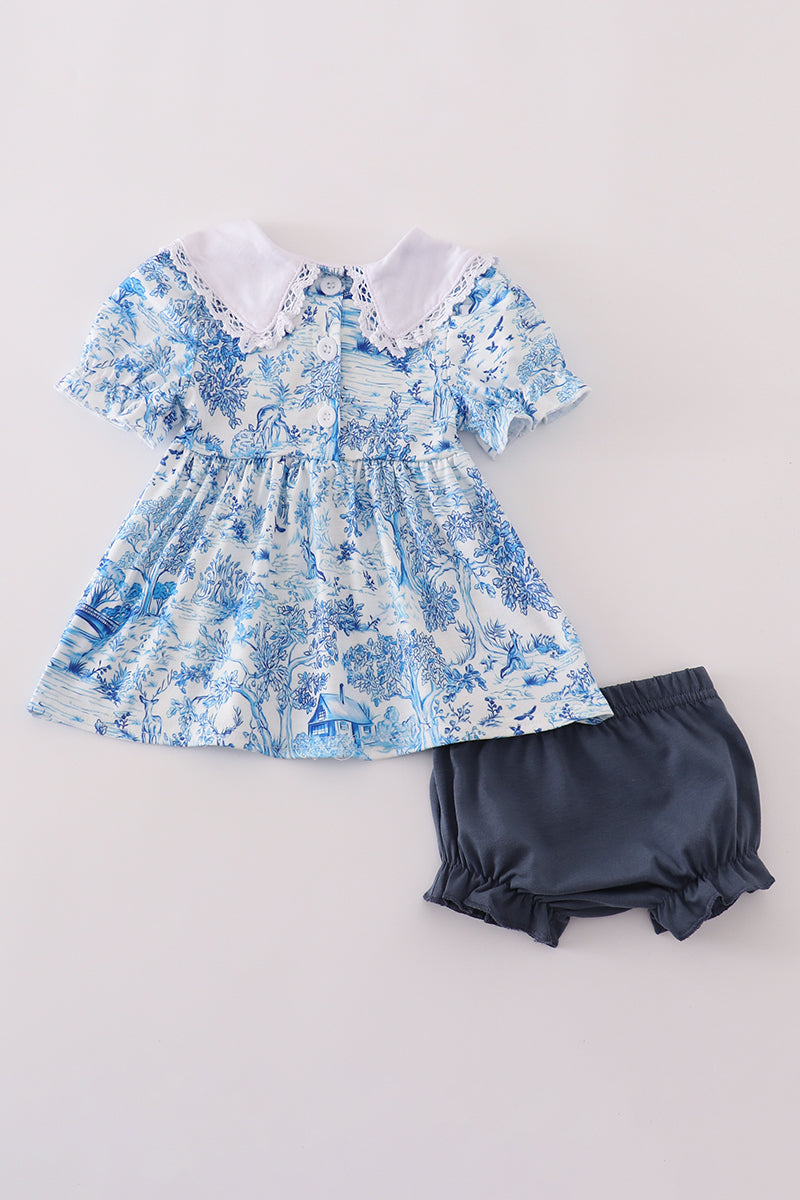Blue willow toile print bloomer set