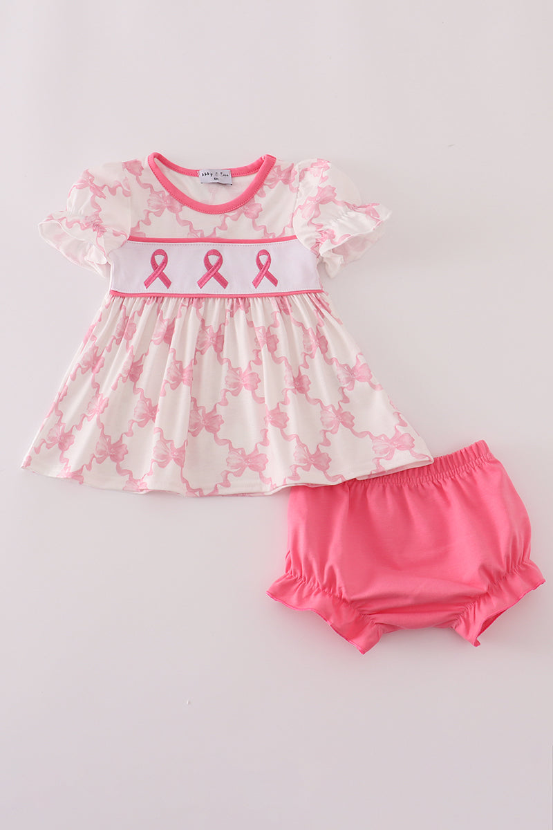 Pink bow tie embroidery ruffle bloomer set
