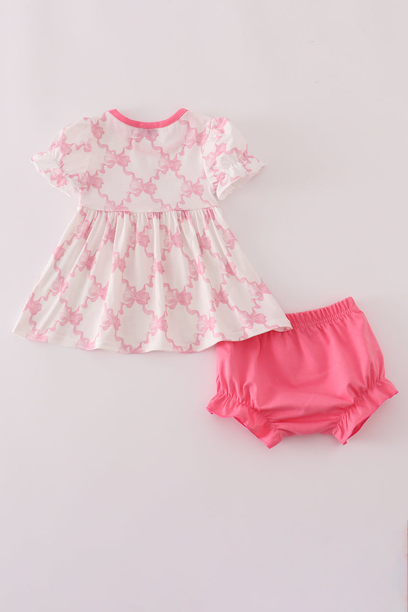 Pink bow tie embroidery ruffle bloomer set
