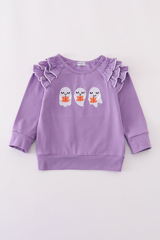 Purple ghost pumpkin embroidery ruffle top