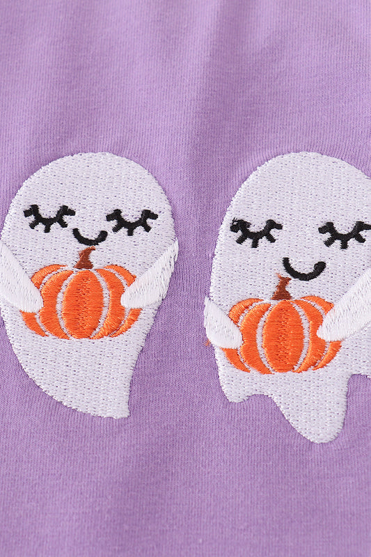 Purple ghost pumpkin embroidery ruffle top