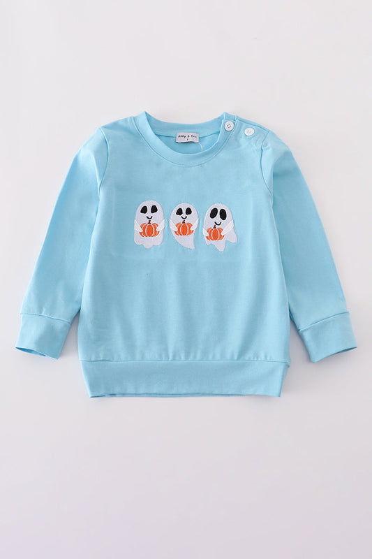 Blue ghost pumpkin embroidery top