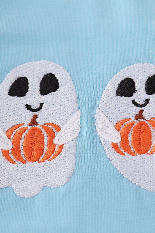 Blue ghost pumpkin embroidery top