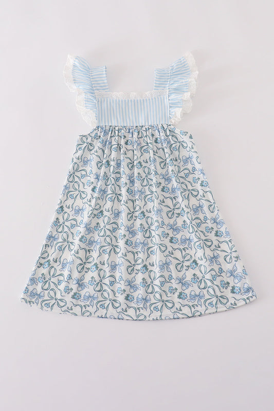 Blue bow & lace print ruffle dress